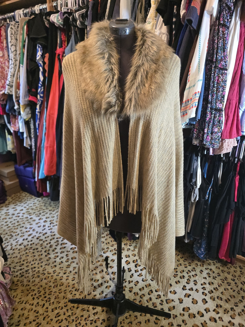 Mixit Tan Knit Poncho with Faux-Fur Collar and Fringe